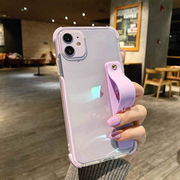 Soft Transparent Wrist Strap Phone Case For iPhone 11 12 mini Pro Max X XR Xs Max 7 8 Plus SE  Kickstand Cases Cover